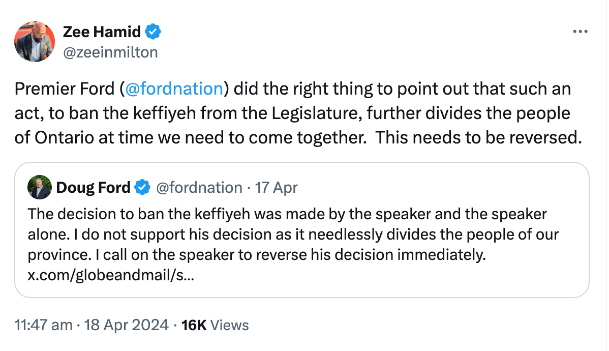 PC caucus division on the keffiyeh ban might affect Milton byelection: insiders