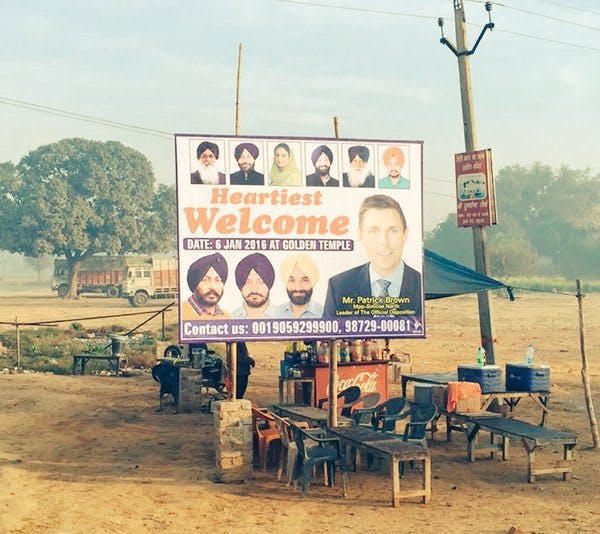 Patrick Brown welcomed by billboard in India