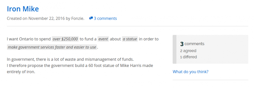 A 60-foot statue of Mike Harris, and more: Ontario voters make their prebudget pitches